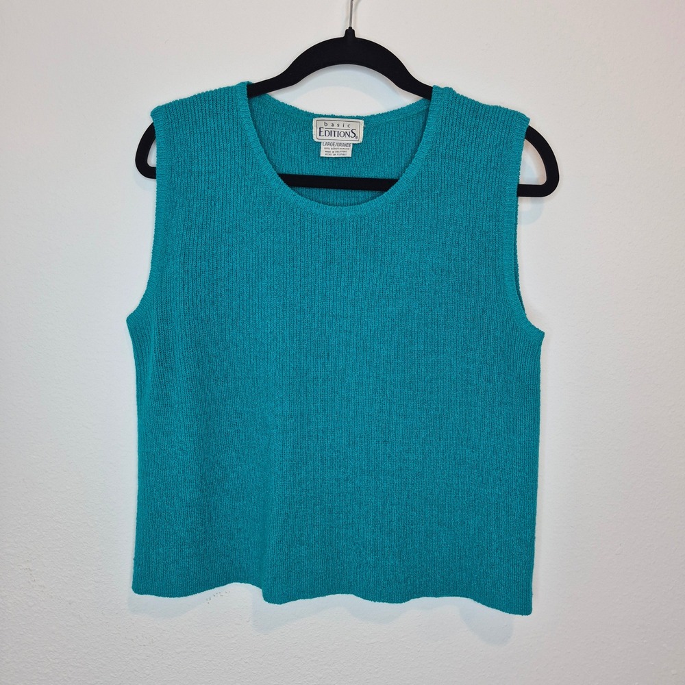 Basic Editions Vintage 80s Teal Sleeveless Sweater Vest Tank Cropped Vibrant L